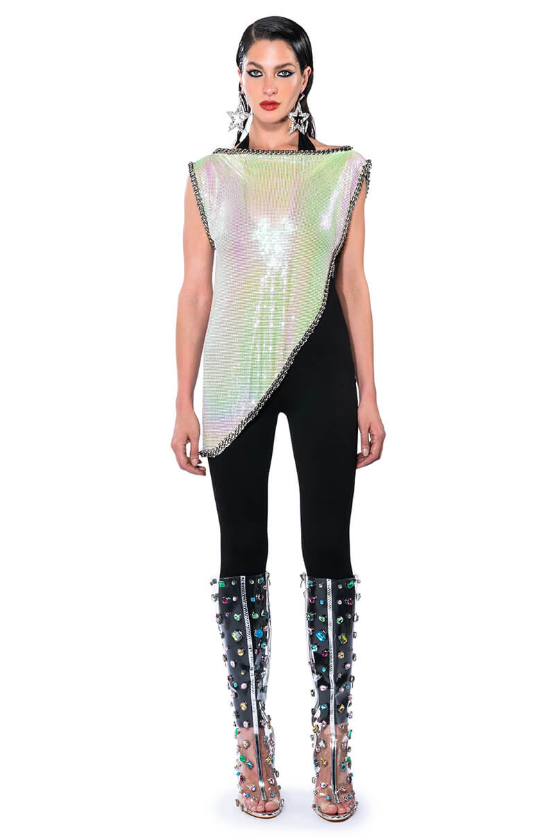 ICY SHORT SLEEVE ASYMMETRICAL CHAINMAIL BLOUSE