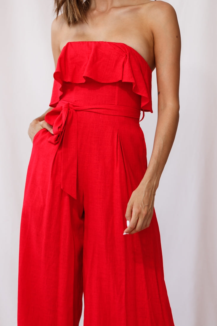Hamilton Bandeau Ruffle Wide Leg Jumpsuit Red