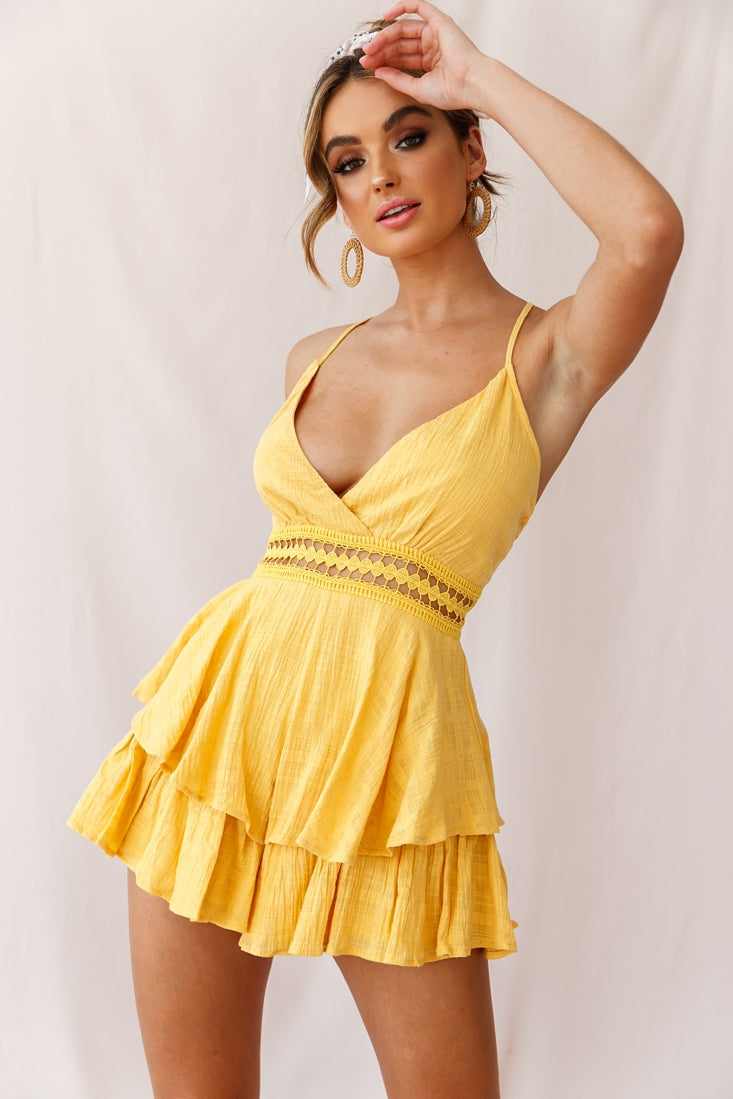 Maybe Baby Lace Trim Fluted Hem Romper Mustard