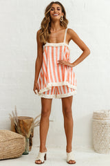 Garnet Tiered Fringe Trim Romper Stripe Print Orange