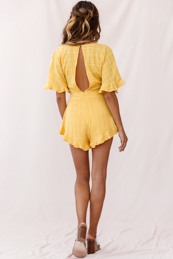 Karin Frill Trim Waist Tie Romper Mustard