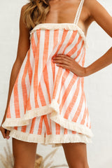 Garnet Tiered Fringe Trim Romper Stripe Print Orange