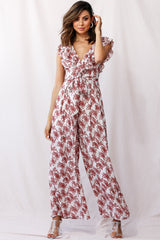 Marcia Ruffle Strap Wide Leg Jumpsuit Floral Print Beige