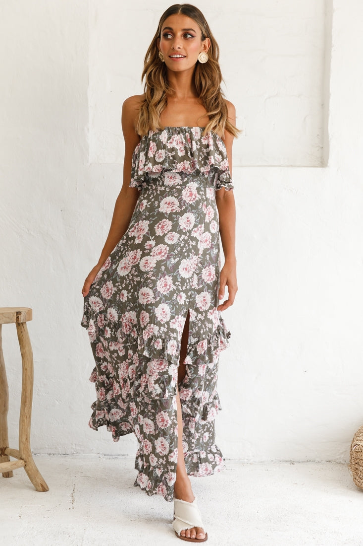Zulu Frill Bust Front Split Maxi Dress Floral Print Olive