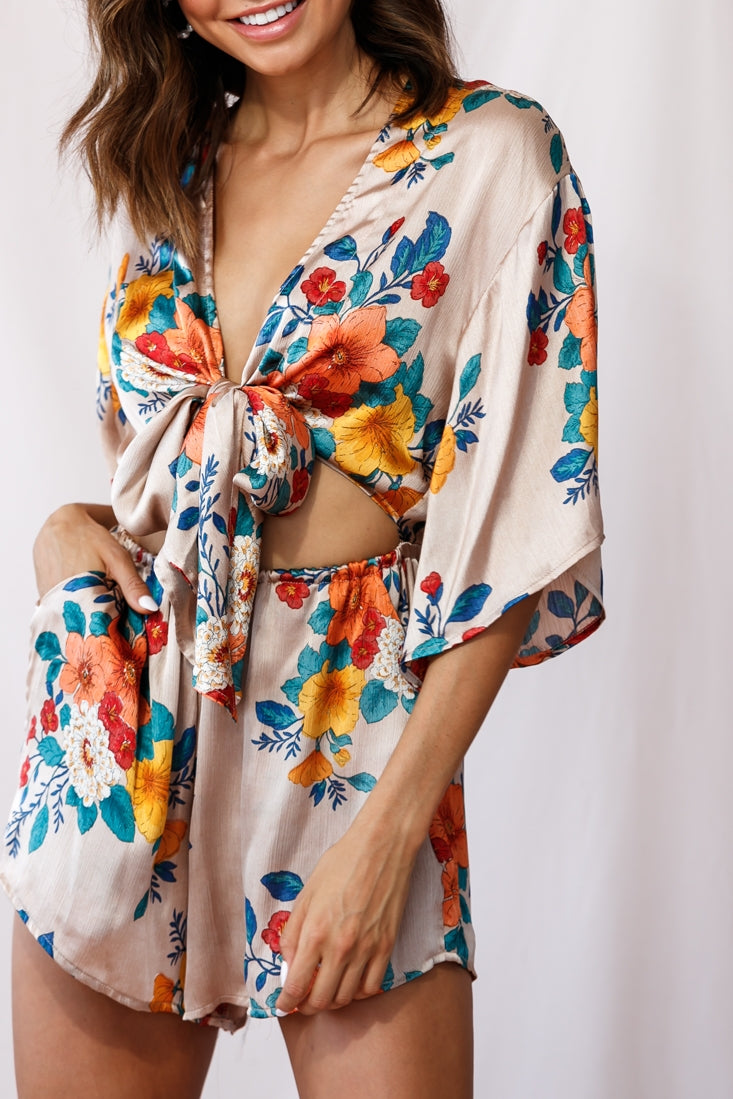 Rivera Tie-Knot Bell Sleeve Romper Mocha