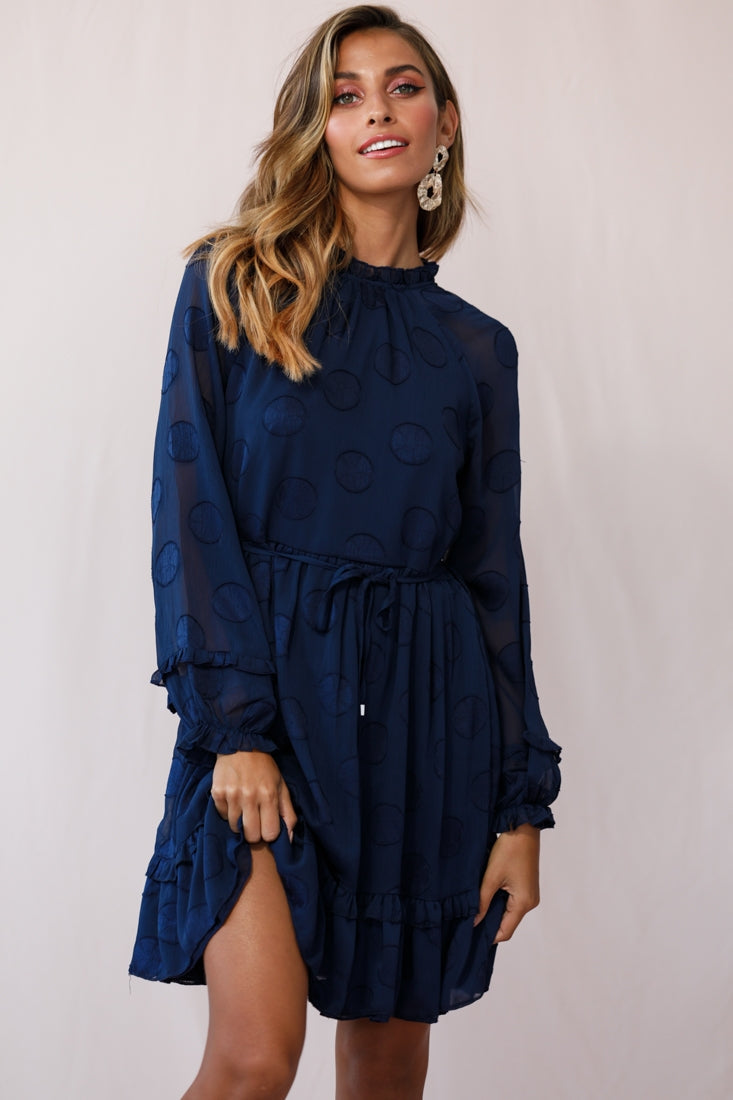 Tracee High Neckline Sheer Sleeve Polka Dot Dress Navy