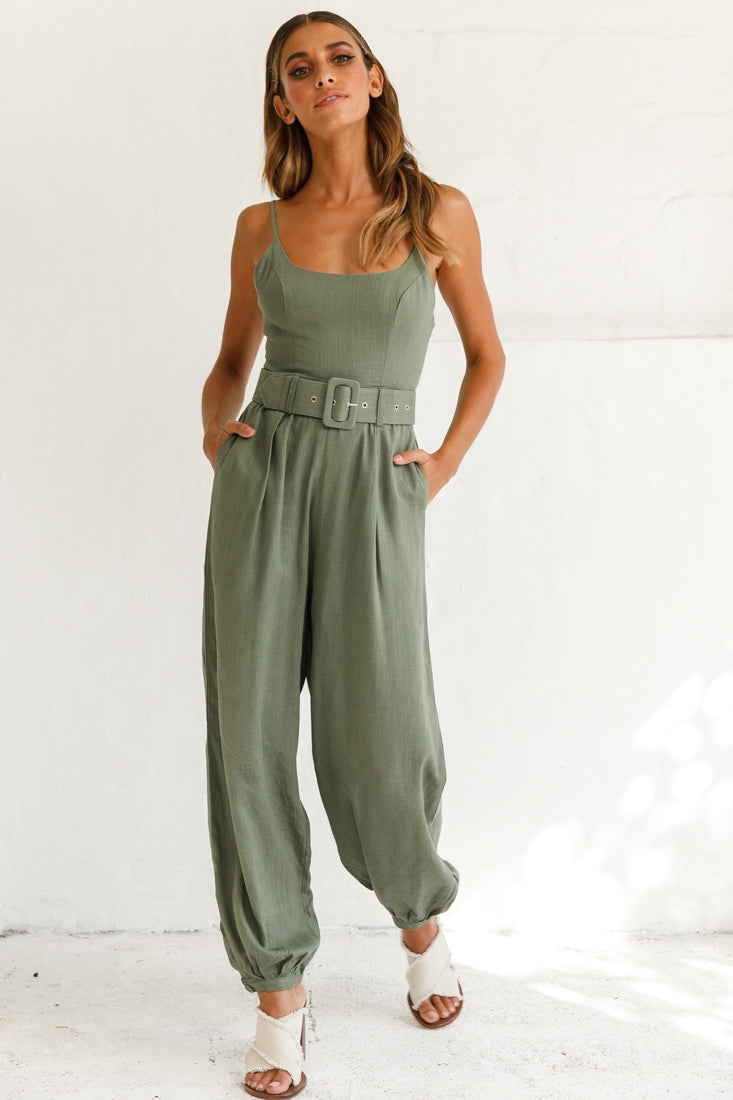 Santa Barbara Cuffed Hem Belted Jumpsuit Olive