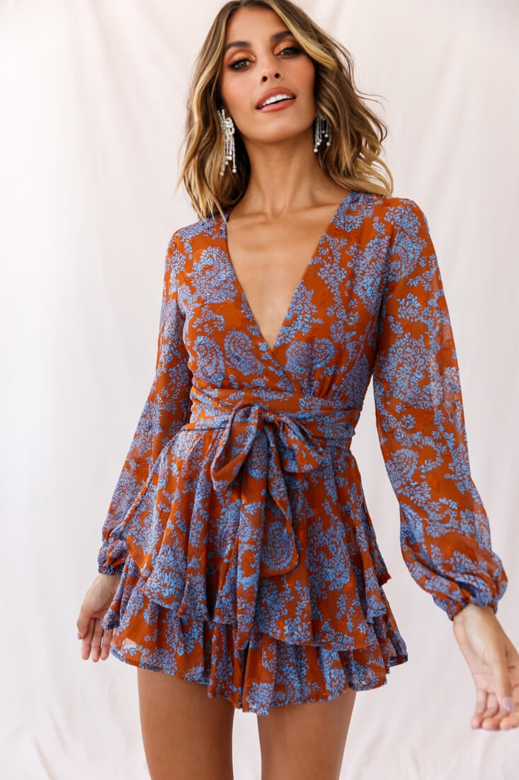 Maddox Fit & Flare Long Sleeve Floral Romper Tan