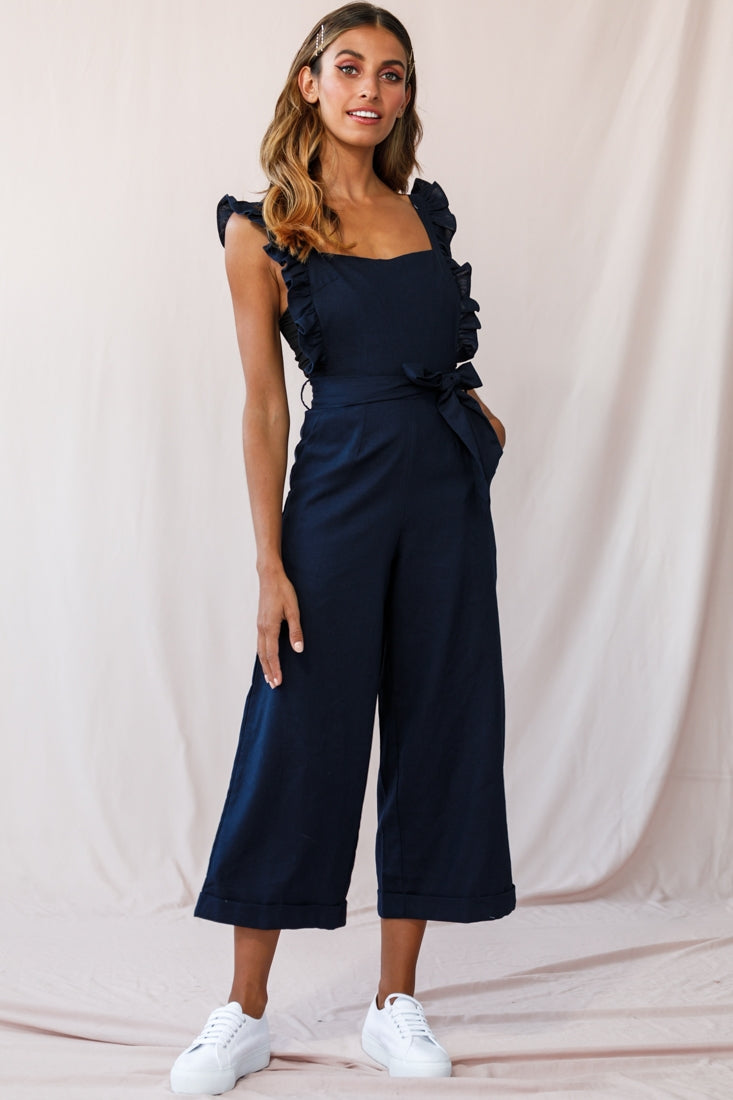 Serenade Ruffle Strap Pinafore Jumpsuit Navy