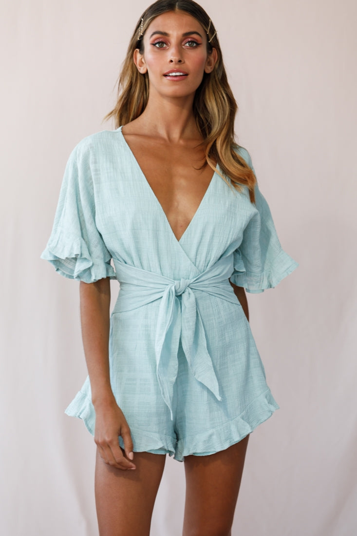 Karin Frill Trim Waist Tie Romper Sage