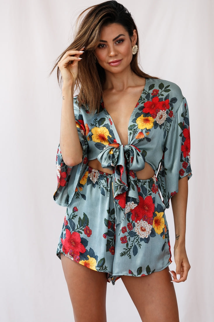 Rivera Tie-Knot Bell Sleeve Romper Sage