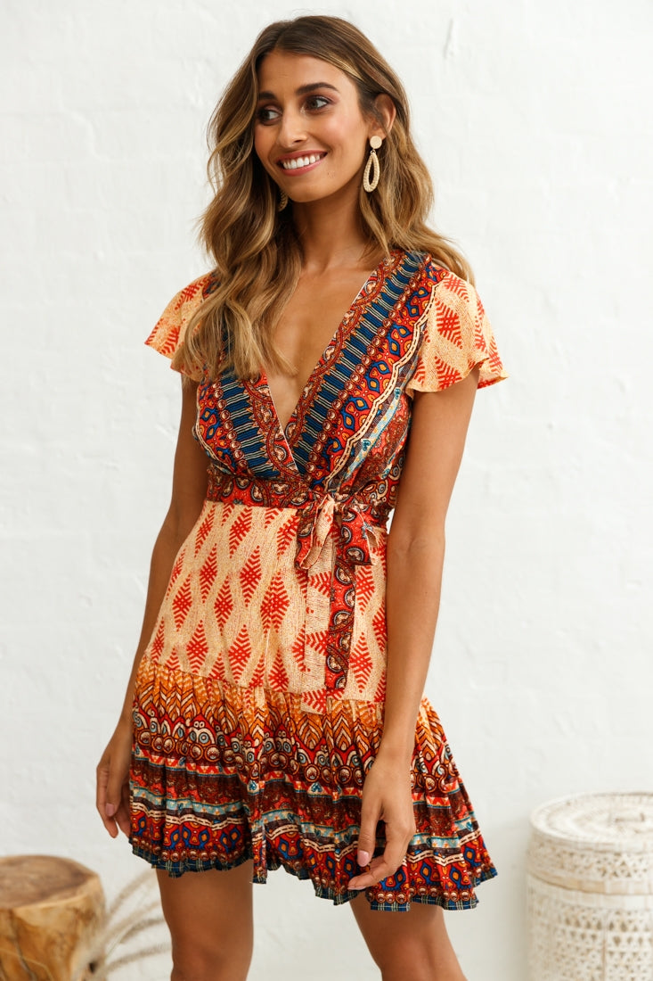 Mayan Angel Sleeve Waist Tie Dress Red Print