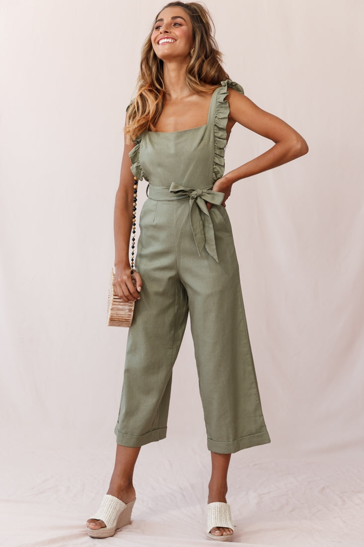 Serenade Ruffle Strap Pinafore Jumpsuit Olive