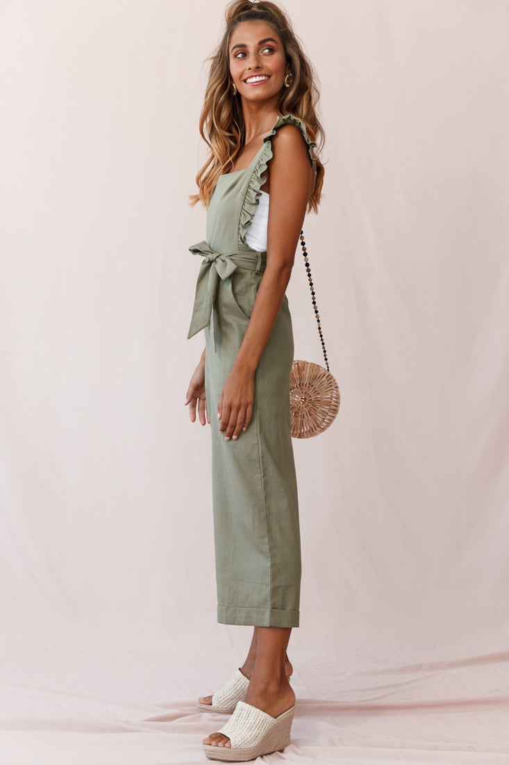 Serenade Ruffle Strap Pinafore Jumpsuit Olive