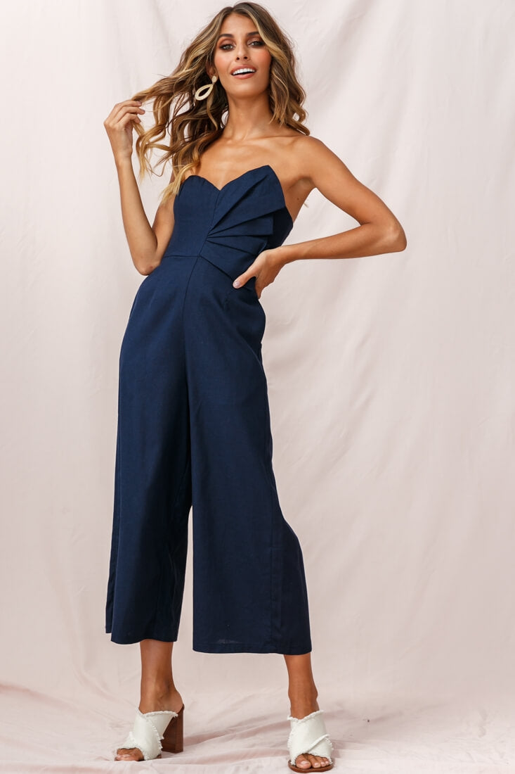 Call Me Wide-Leg Linen Bandeau Jumpsuit Navy
