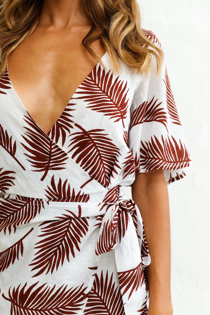 Nadi V-Neckline Wrap Romper Palm Print Wine