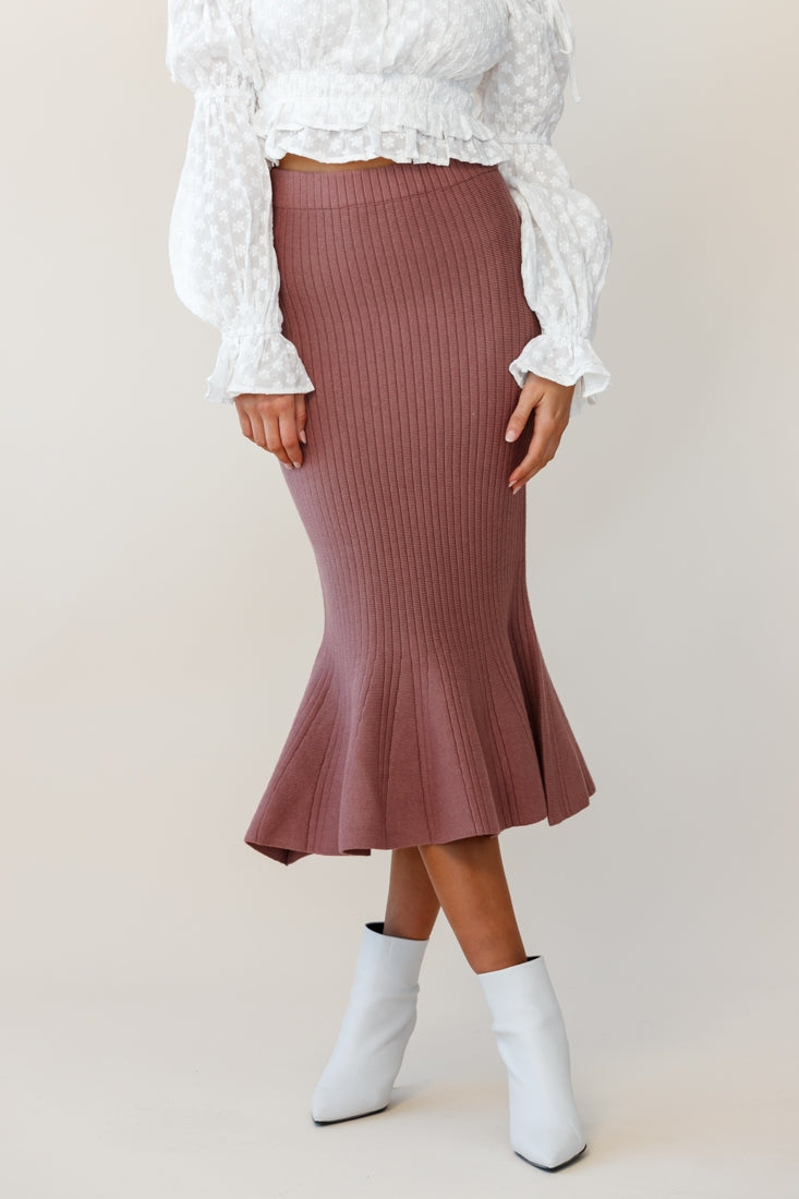 Shalon Ribbed Knit Fluted Hem Midi Skirt Antique Rose