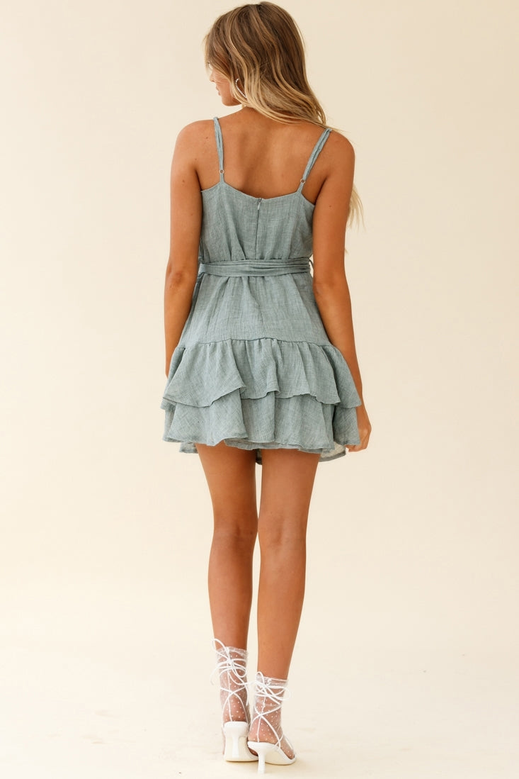 Wilshire Tiered Ruffle Hem Spaghetti Strap Dress Grey