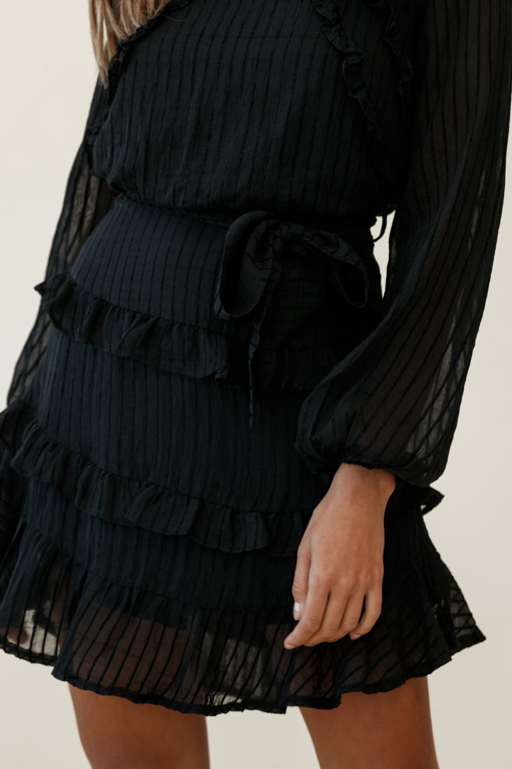 Dusk Long Sleeve Waist Tie Frill Dress Sheer Stripe Black