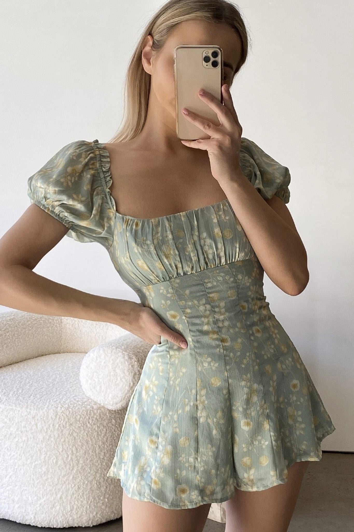 Flora Ruched Bust Puff Sleeve Romper Floral Print Mint