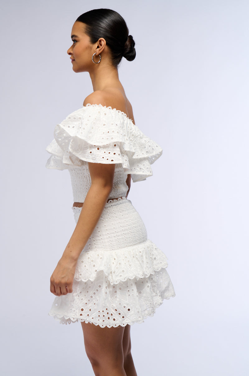 SUMMER LOVING OFF THE SHOULDER RUFFLE BLOUSE IN WHITE