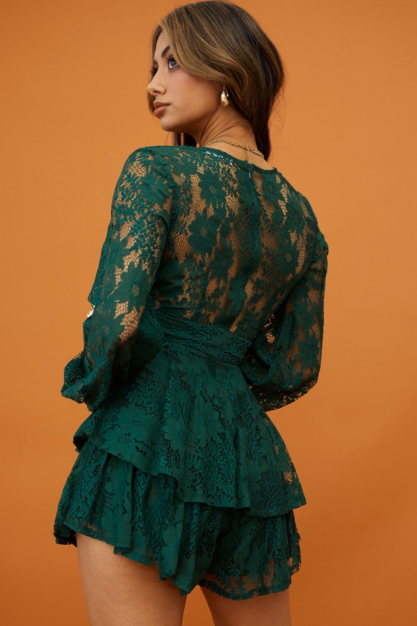 Maddox Fit & Flare Long Sleeve Romper Floral Lace Forest Green