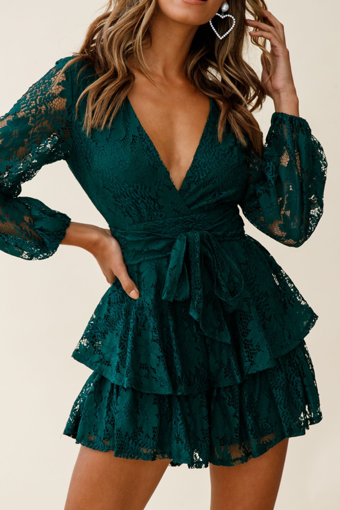 Maddox Fit & Flare Long Sleeve Romper Floral Lace Forest Green