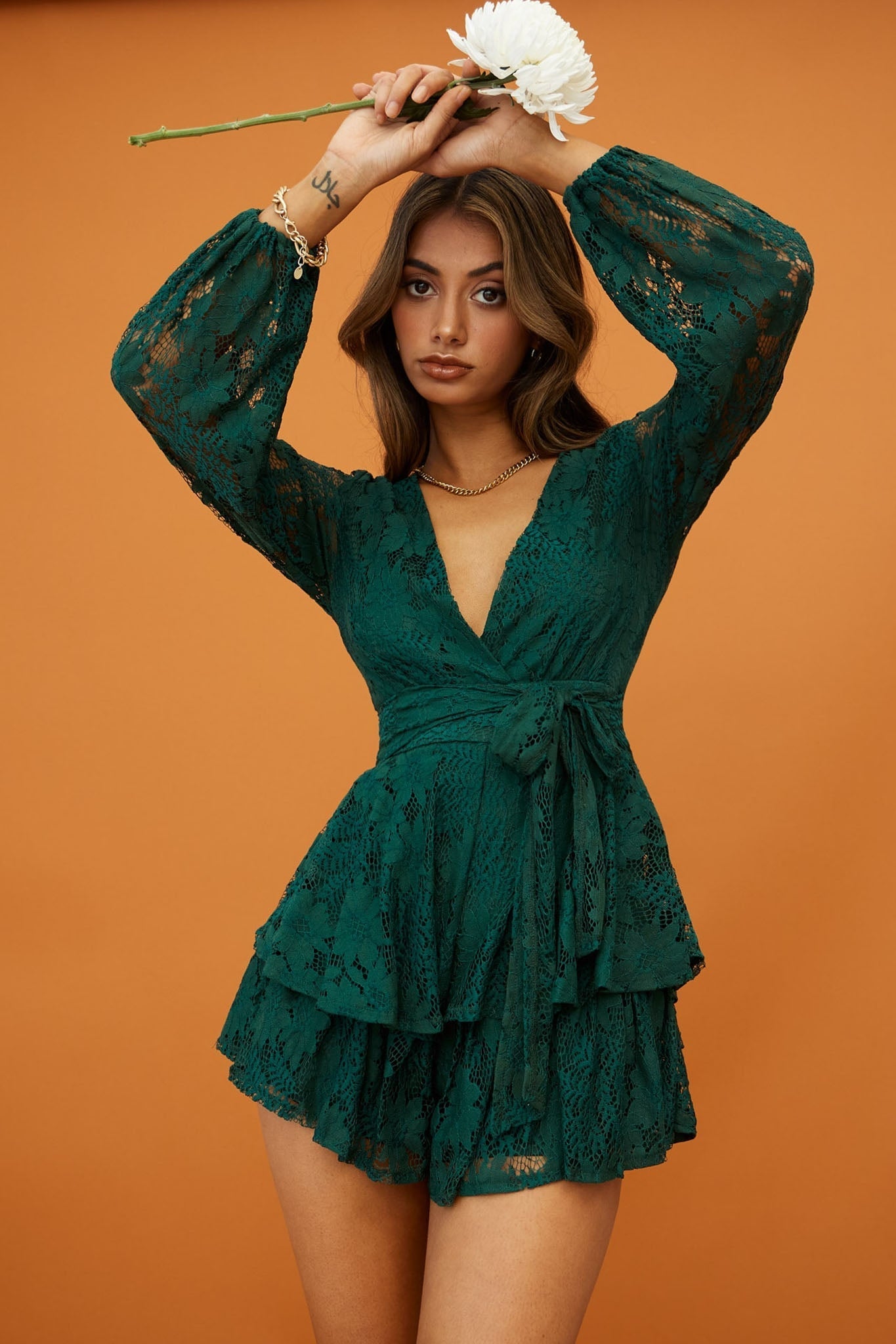 Maddox Fit & Flare Long Sleeve Romper Floral Lace Forest Green