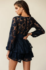 Maddox Fit & Flare Long Sleeve Romper Floral Lace Navy
